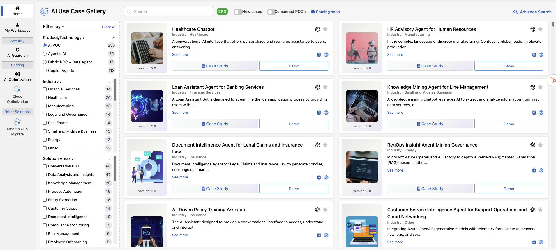 AI Factory use case gallery showing healthcare, finance, HR, knowledge mining, and compliance agents