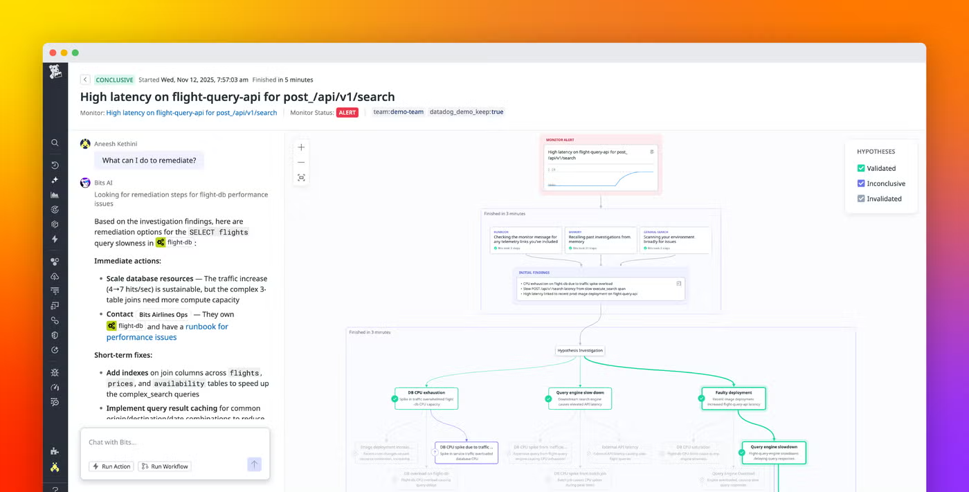 Datadog Bits AI SRE investigating high latency on flight-query-api: hypotheses validated, remediation steps drafted for an engineer to approve.